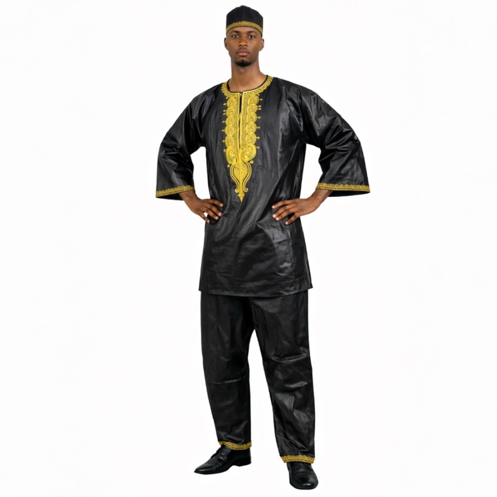 Men’s African Traditional Outfit Gold Embroidery Pants Set With Kufi Hat